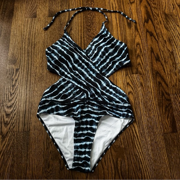 Blue tie-dye crossover halter one-piece swimsuit, size L, NWT - Picture 2 of 7